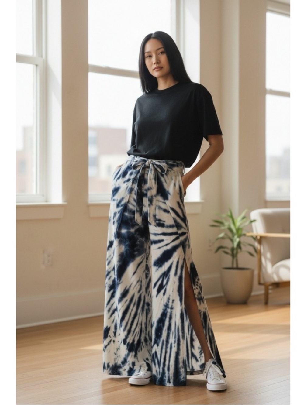 Young Fabulous & Broke Navy & White Tie-Dye Pants with Side Slit